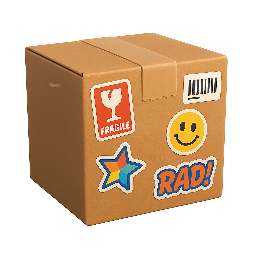 a cardboard box with stickers on it